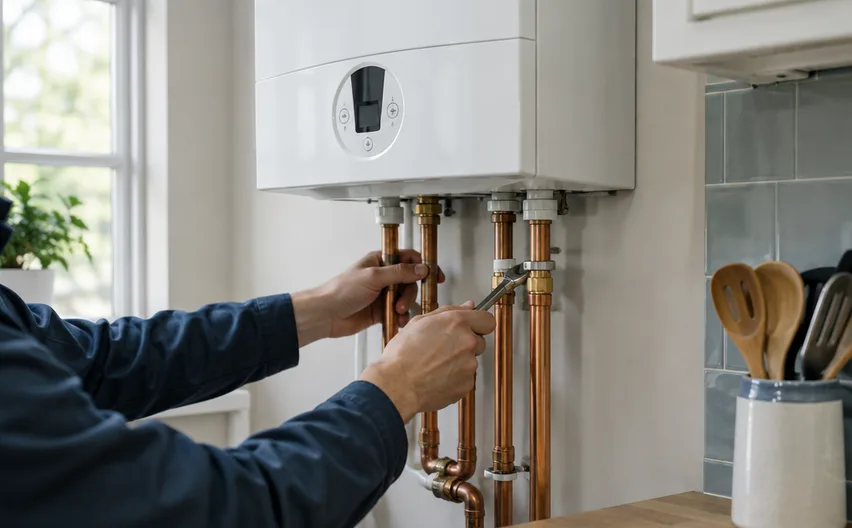 A new white boiler being piped in by an engineer in a bright kitchen