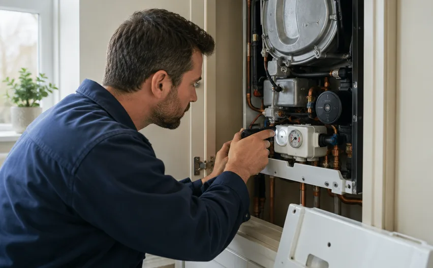 An engineer checking the pressure gauge on an open boiler