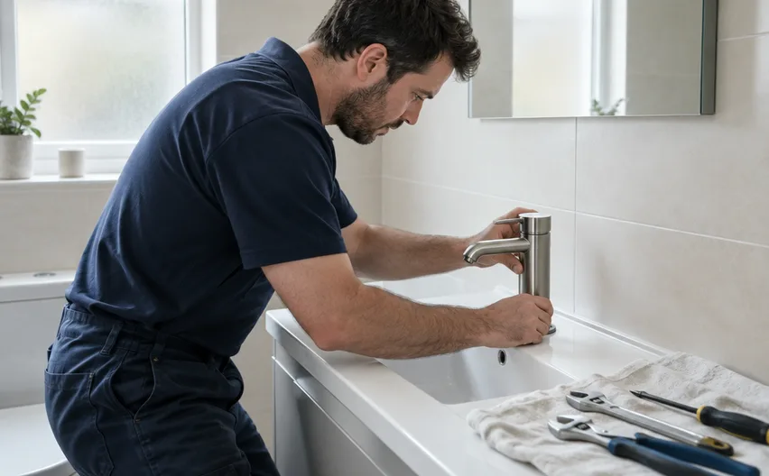 A plumber fitting a brushed steel tap in a freshly tiled bathroom