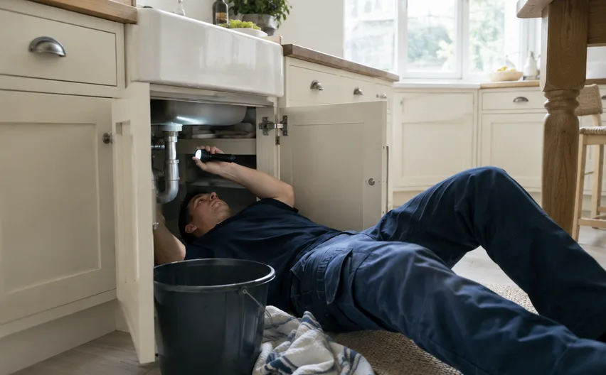 A plumber under a kitchen sink with a torch, sorting a leak