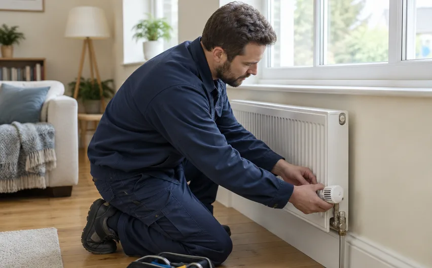 An engineer fitting a thermostatic valve to a radiator in a living room