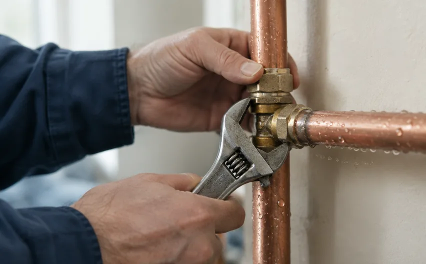 Hands tightening a compression joint on copper pipe